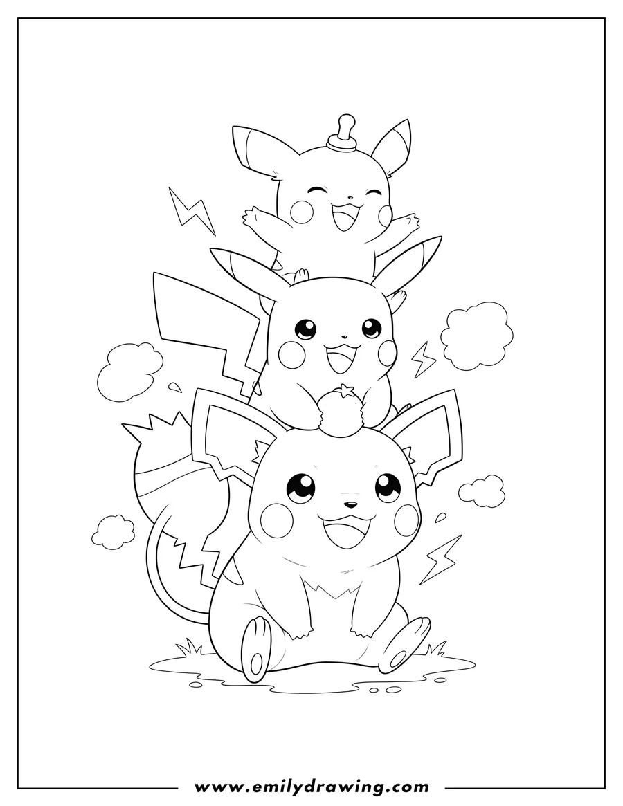 Coloring sheet featuring happy Pichu, Pikachu, and Raichu stacked together