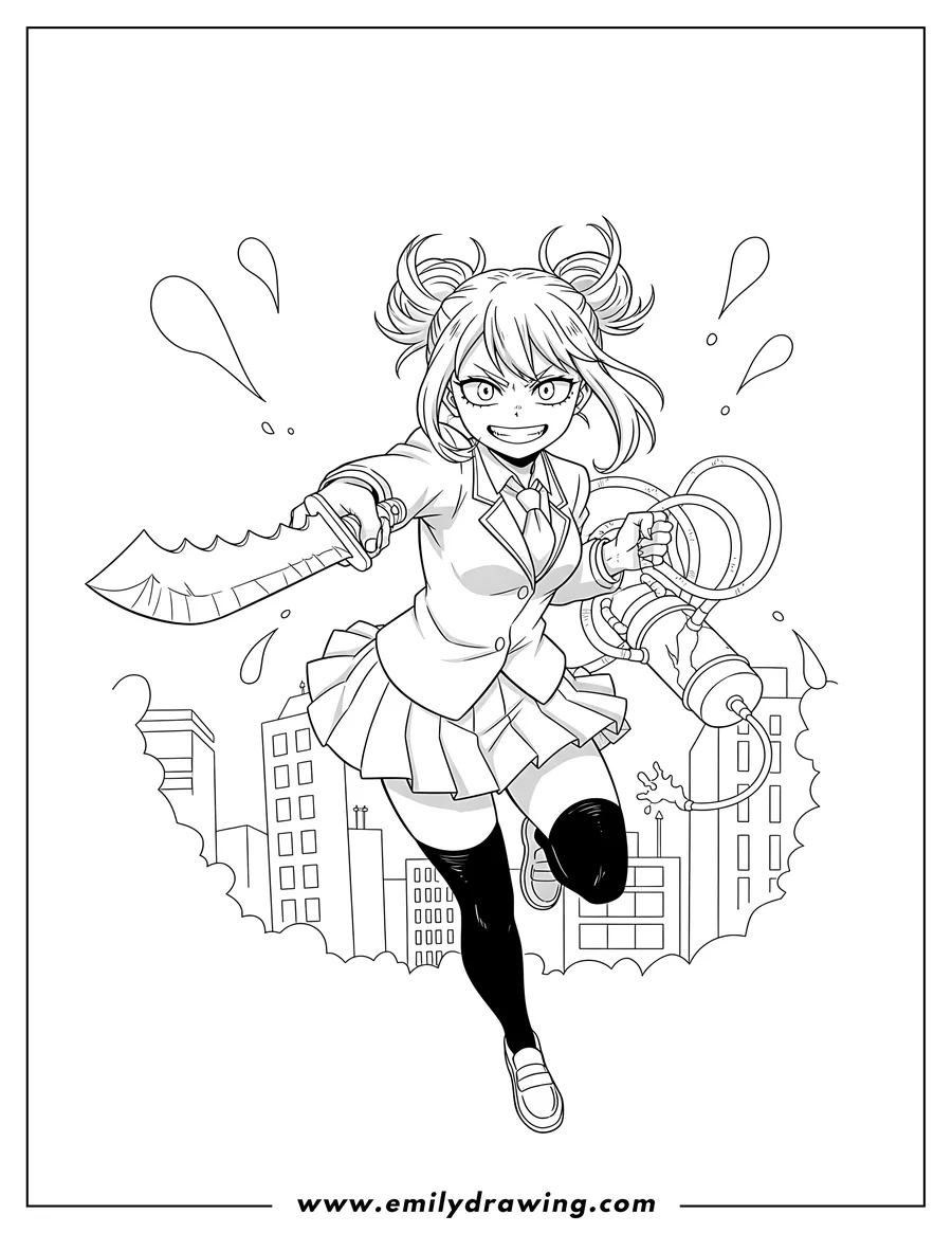Black and white line art of himiko Toga Battle, jumping with a knife and blood-draining device