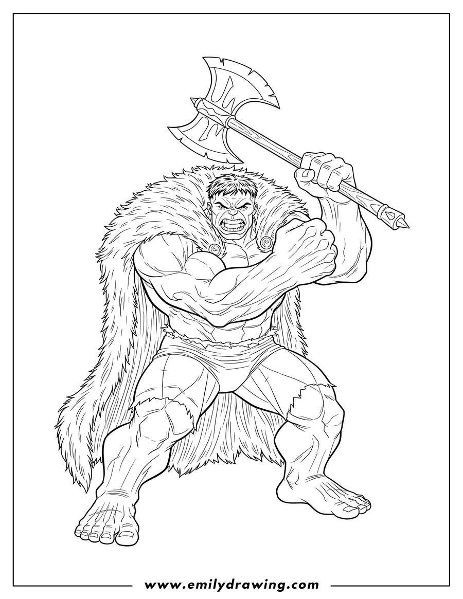Free to print drawing of hulk Wearing Furry Cape And Holding A Double-Bladed Axe, Looking Angry And Ready To Strike