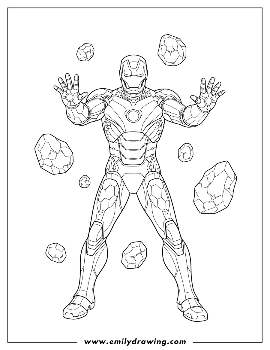 Downloadable coloring page of iron Man Scaled, raising hands, with floating rocks