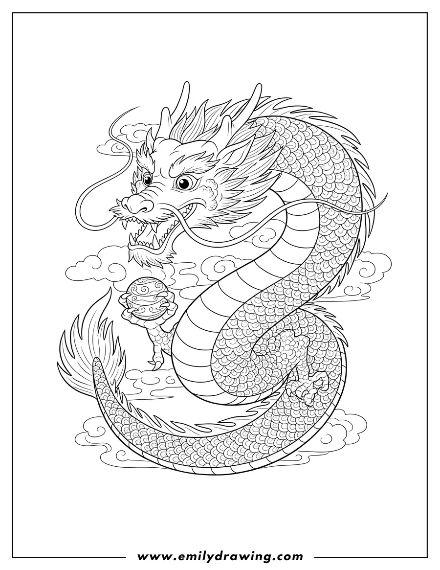 Printable coloring page of japanese Themed Dragon To Color, coiled, with sharp fangs and intricate scales