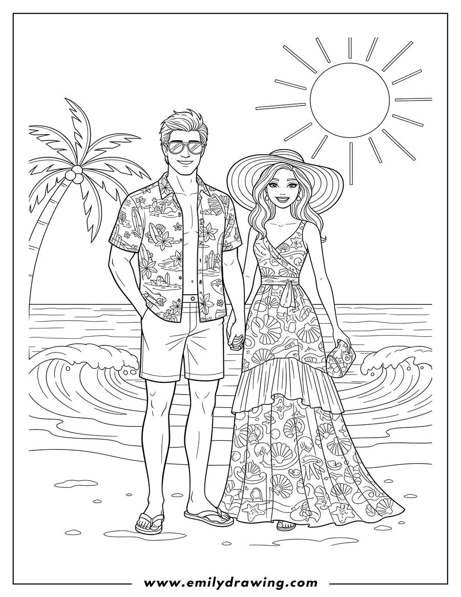 Simple sketch of ken And Barbie At Beach Scaled, standing together, Ken in glasses and a patterned shirt, and Barbie in a detailed dress holding a clutch to color