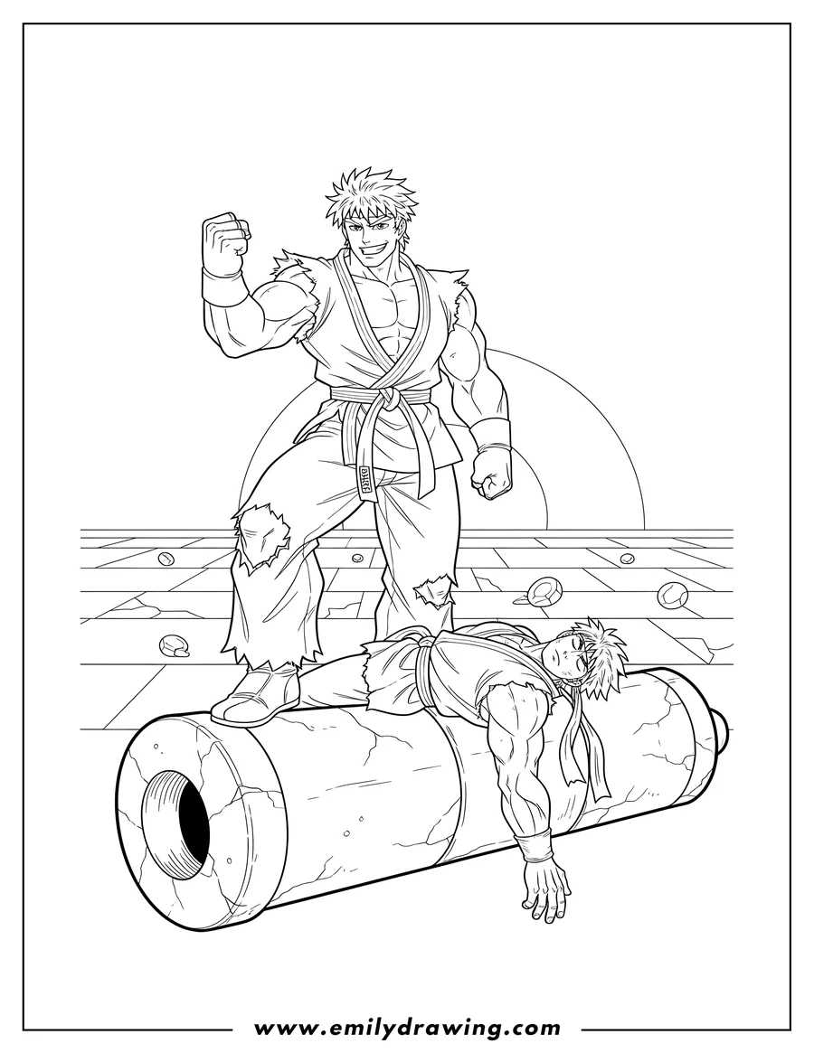 Free printable coloring sheet of ken Masters Knocking Out Ryu Battle, with Ken standing triumphantly over a defeated Ryu on a cannon