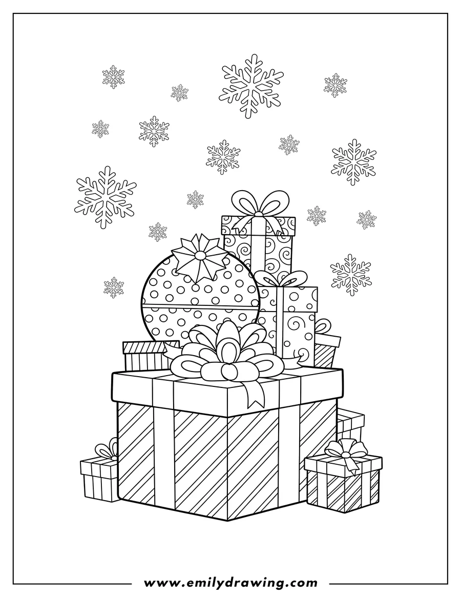 Coloring page for kids: large Christmas Presents with bows and falling snowflakes