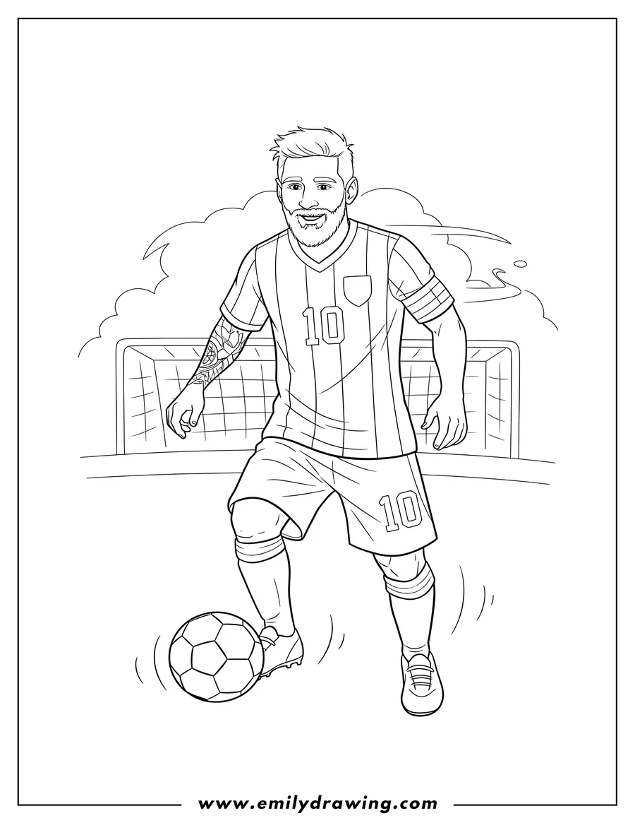 Clean line drawing: lionel Messi, bearded, wearing a number 10 striped jersey, dribbling a soccer ball with his left foot