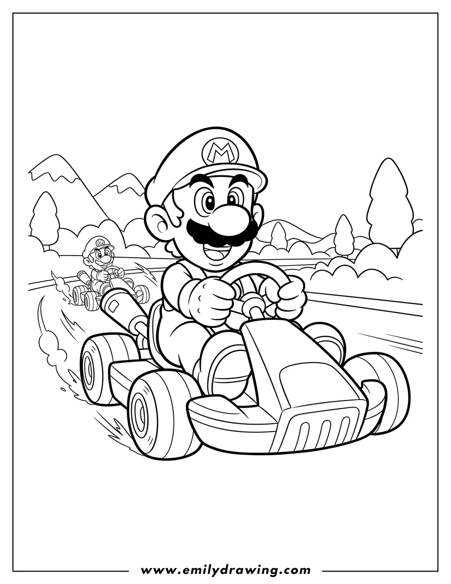 Coloring page of luigi Racing Mario Kart, holding the steering wheel, To Color Scaled