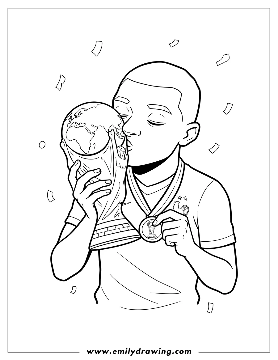 PDF style coloring page: kylian Mbappe kissing the Fifa World Cup Trophy, wearing a medal and holding it with both hands