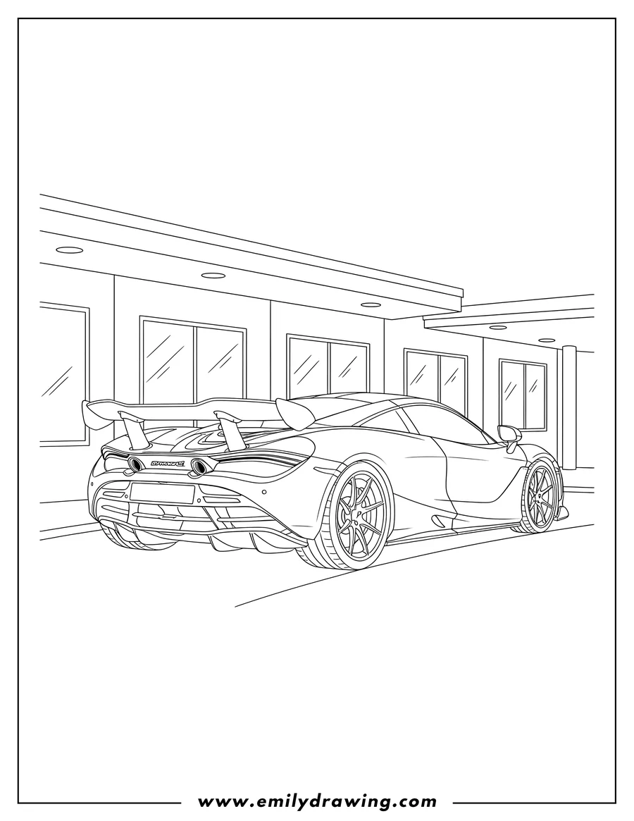 Coloring page of mclaren 720S with large rear spoiler, parked rear 3/4 view, in front of a building