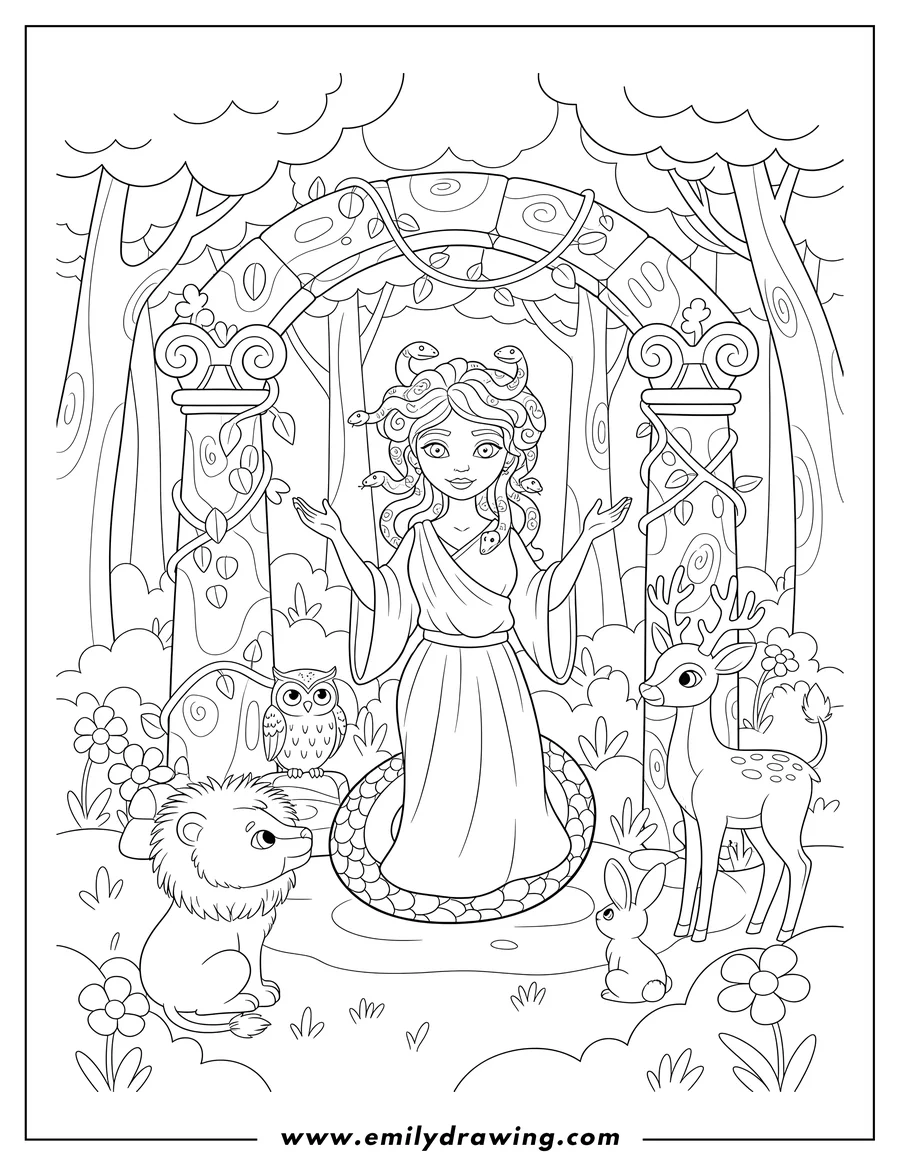 Printable line art of mysterious Medusa Forest Shrine With Wild Animals, featuring Medusa with a snake tail and raised hands, as animals gaze at her