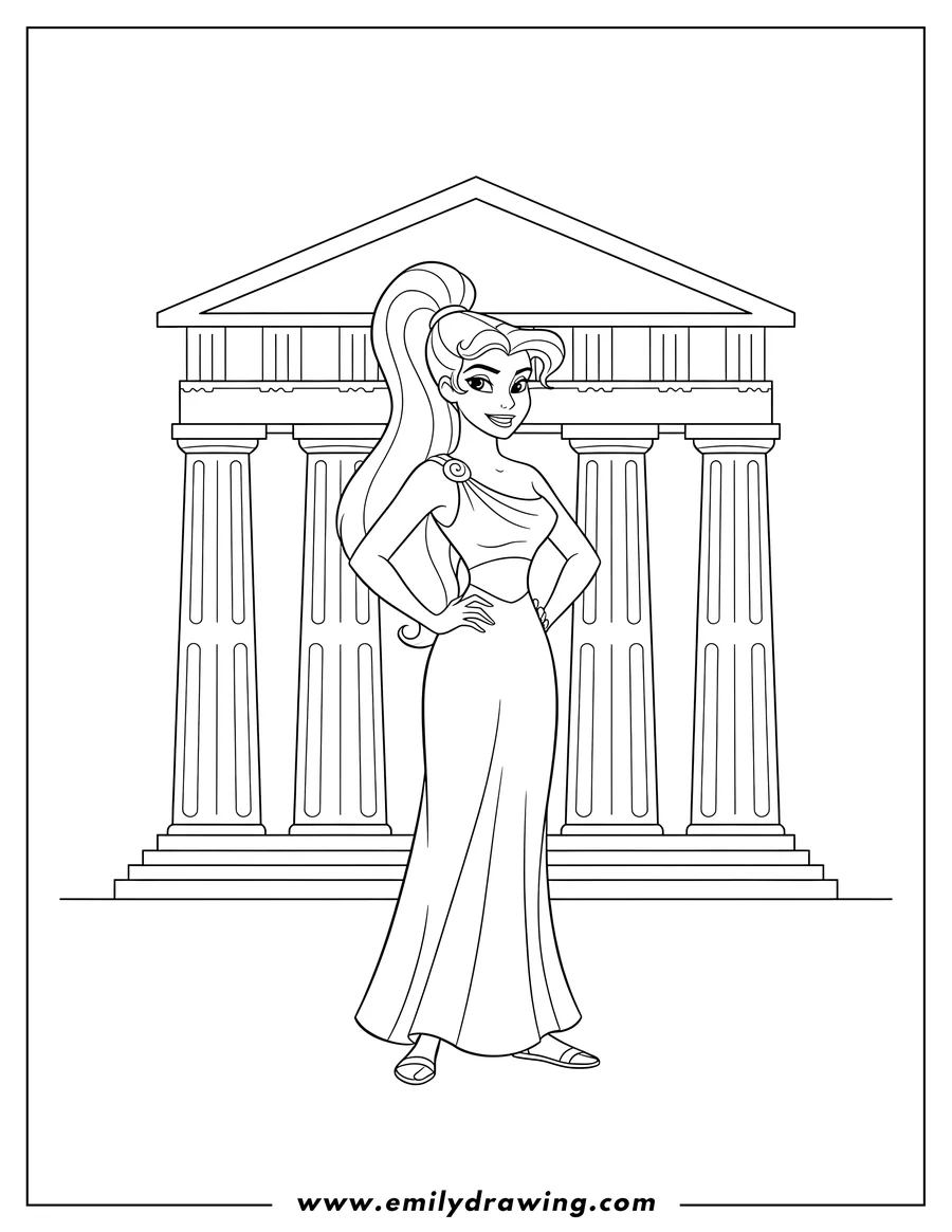 PDF style coloring page: megara smiling with hands on hips front temple