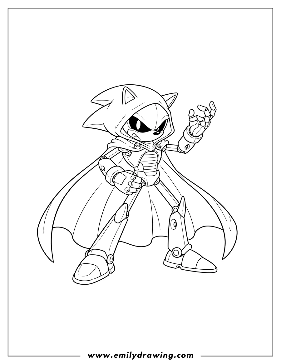 Outline drawing of metal Sonic Video Game, hooded, striking a pose