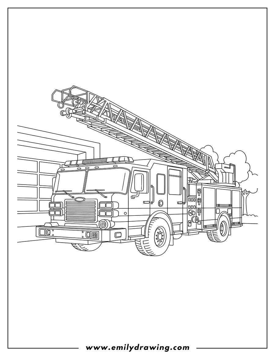 Clean line drawing: modern Day Fire Engine Scaled with emergency lights, parked