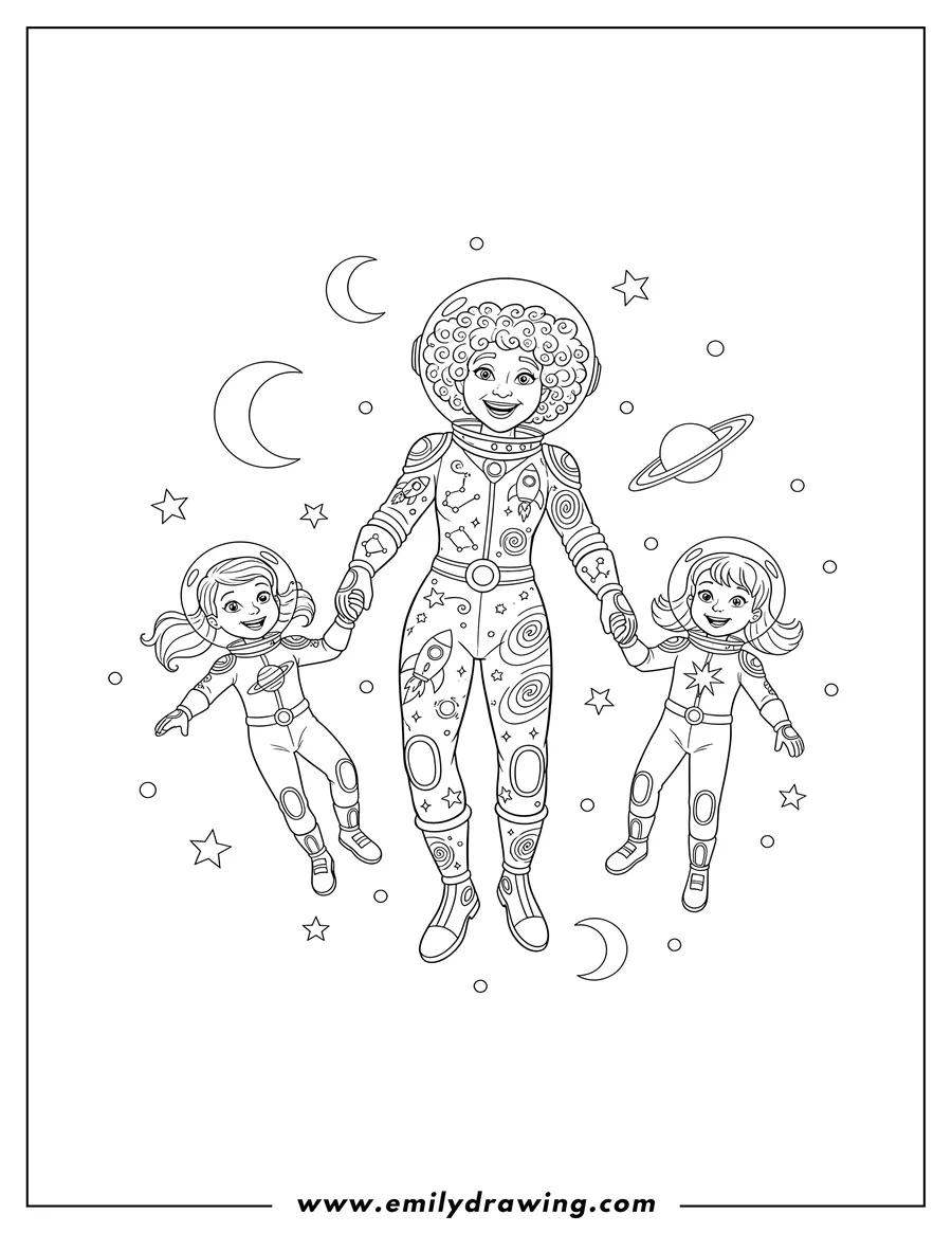 Printable line art of detailed Ms. Frizzle With Wanda And Janet in space suits, floating in space and holding hands