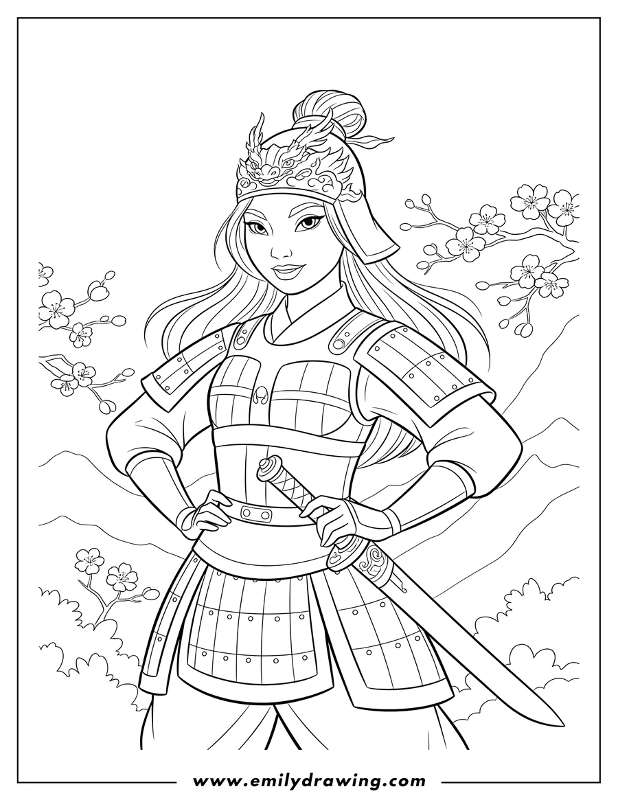 Downloadable coloring page of mulan wearing warrior armor, smiling with hands on hips and a sword