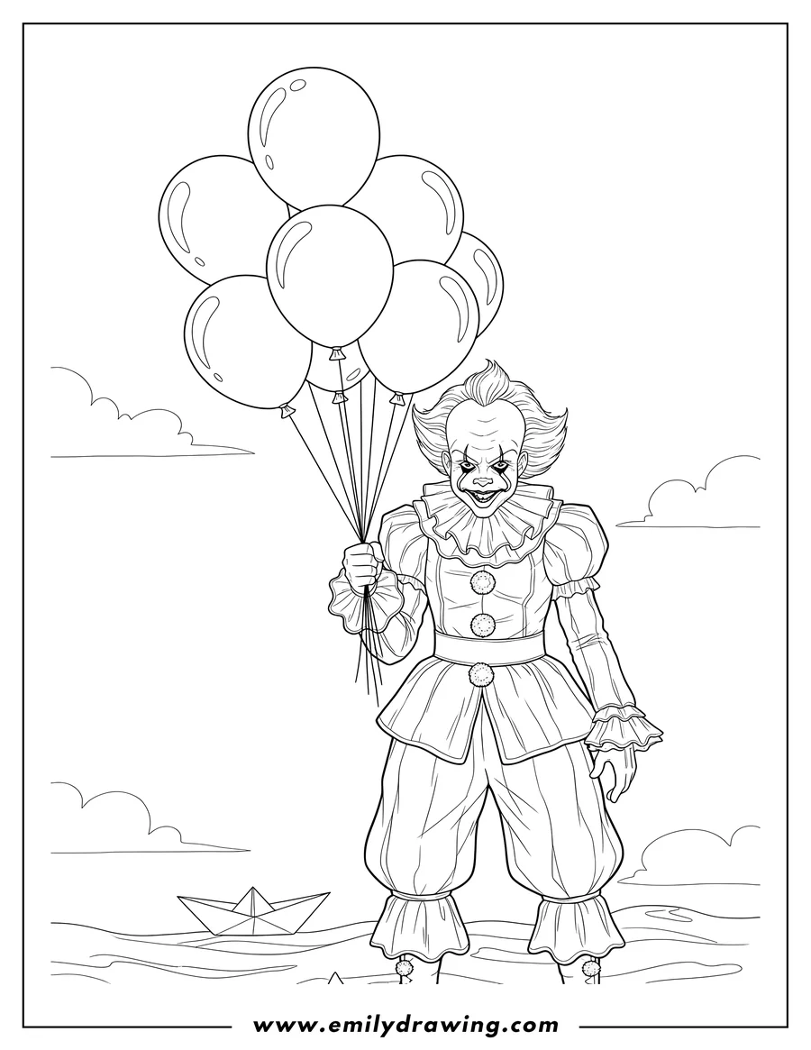 Coloring page of pennywise smiling and holding balloons