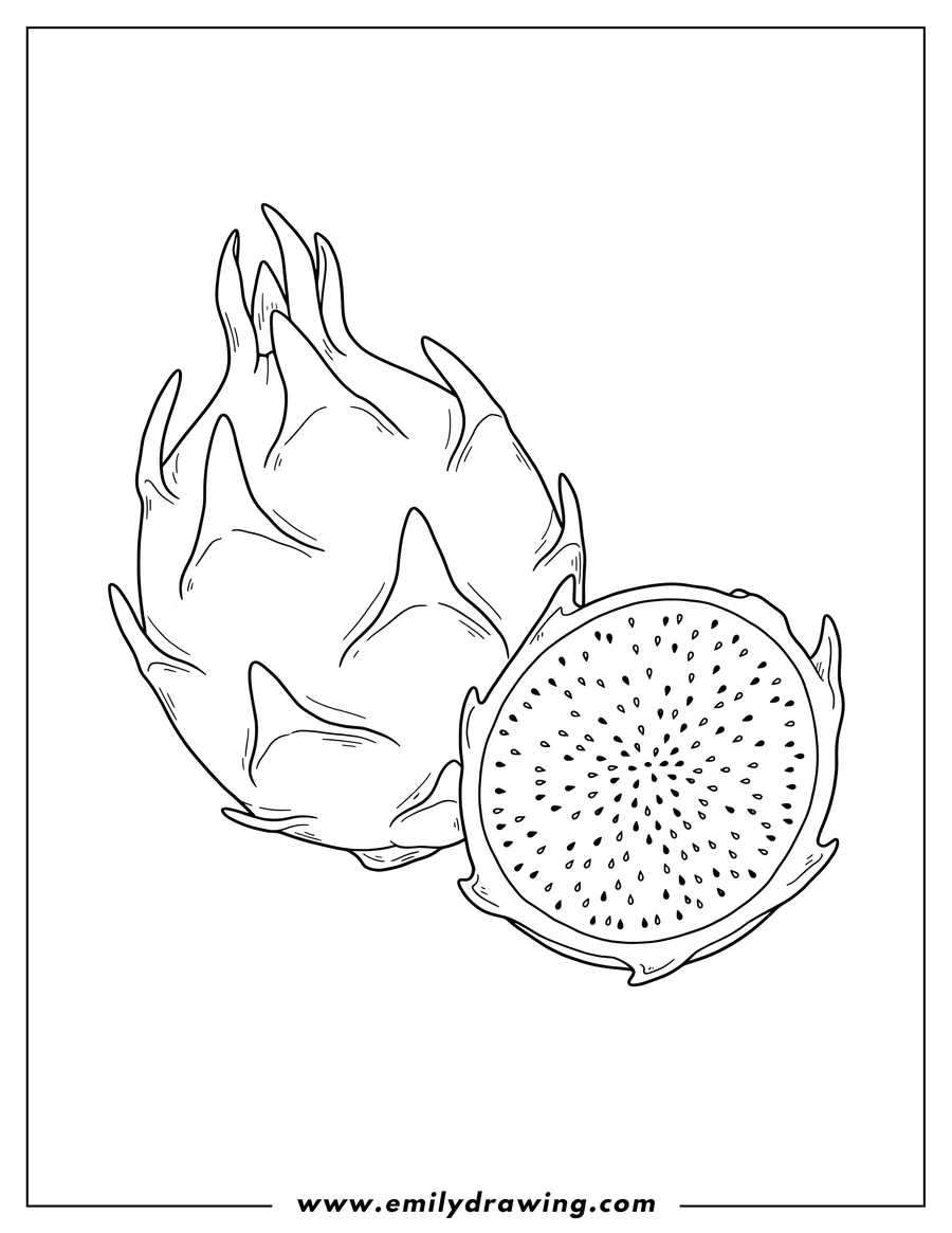 Coloring page of pink Dragon Fruit Scaled, shown whole and sliced, with visible seeds