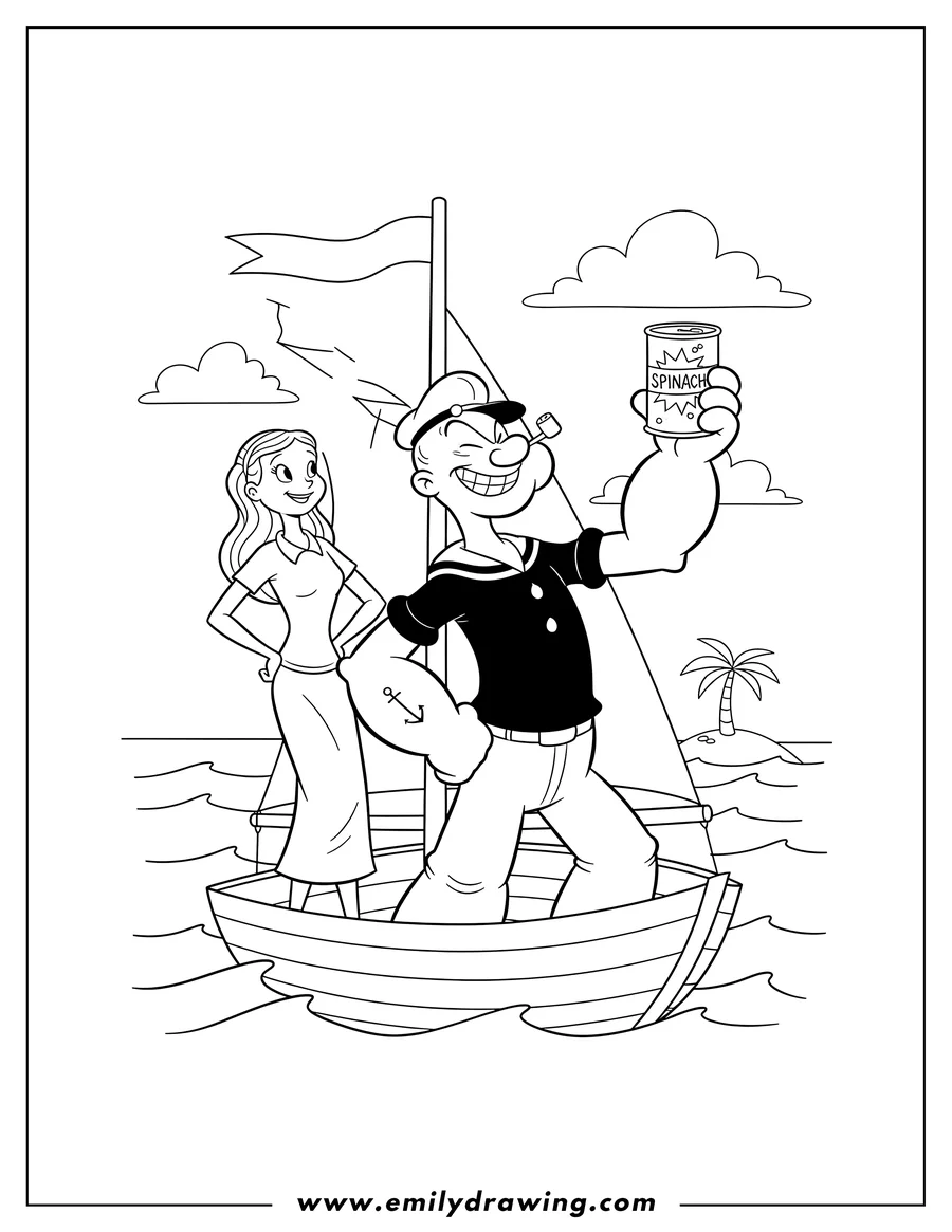 Clean line drawing: popeye the Sailor flexing his bicep with Olive Oyl and a can of spinach, at sea