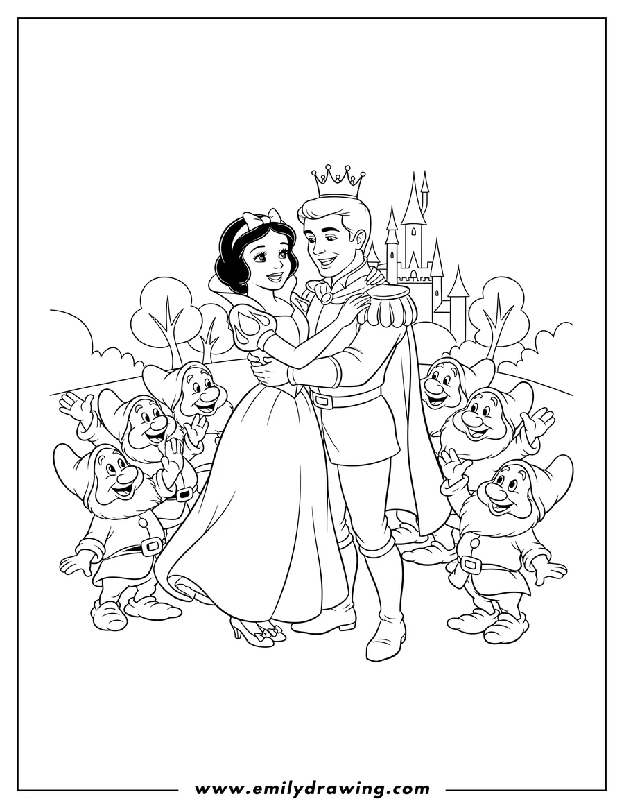 Simple sketch of prince and Snow White happily embracing, surrounded by cheering Seven Dwarfs, coloring page to color