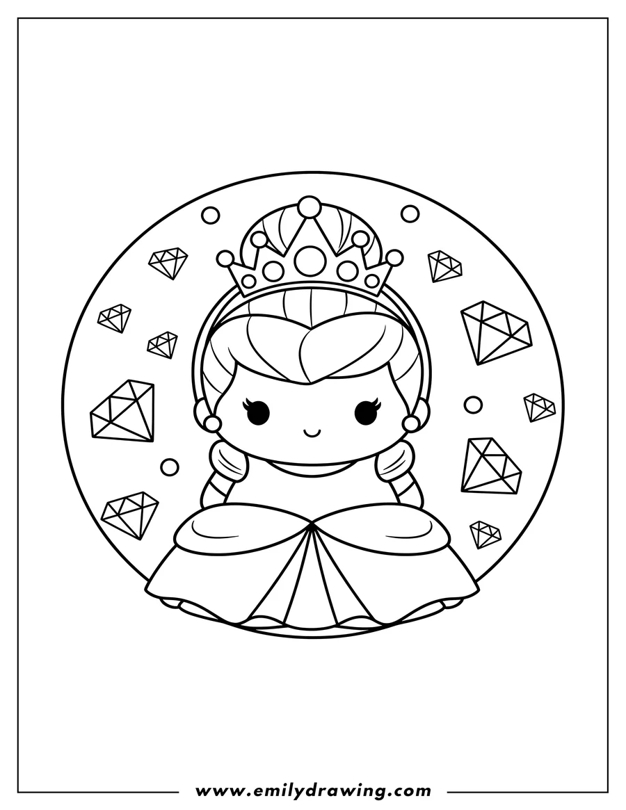 Vector style outline of princess Cinderella Tsum Tsum wearing a crown and diamonds
