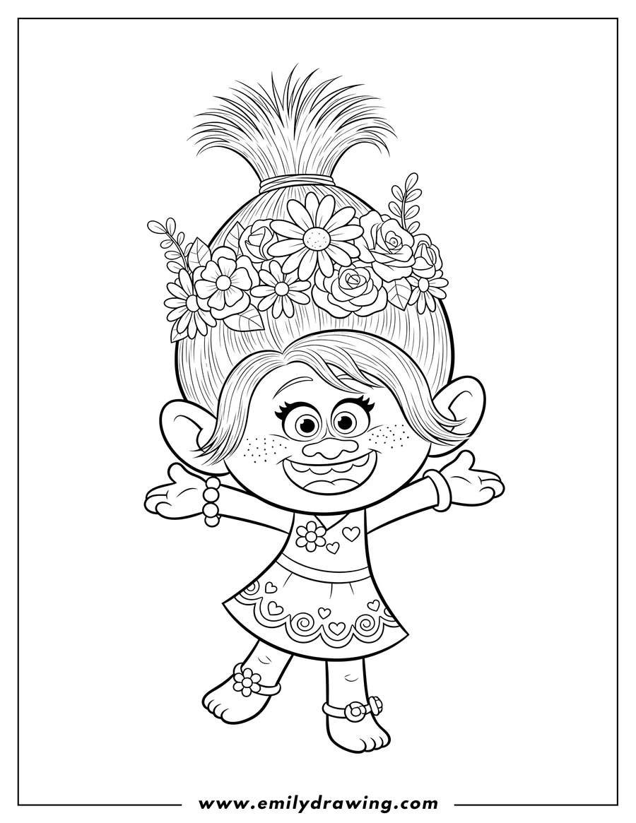 Printable line art of princess Poppy Trolls World Tour, wearing a flower crown, with mouth open and arms out
