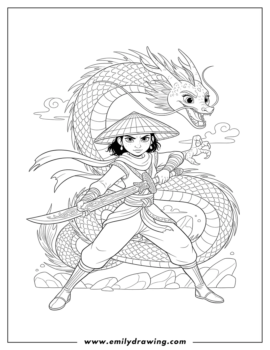 Outline drawing of raya in her hat, wielding a sword, and Sisu, ready to fight