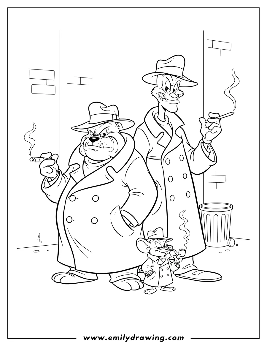 Full page coloring image of rocky And Mugsy Looney Tunes gangsters with a small third character, all wearing trench coats and fedoras, smoking