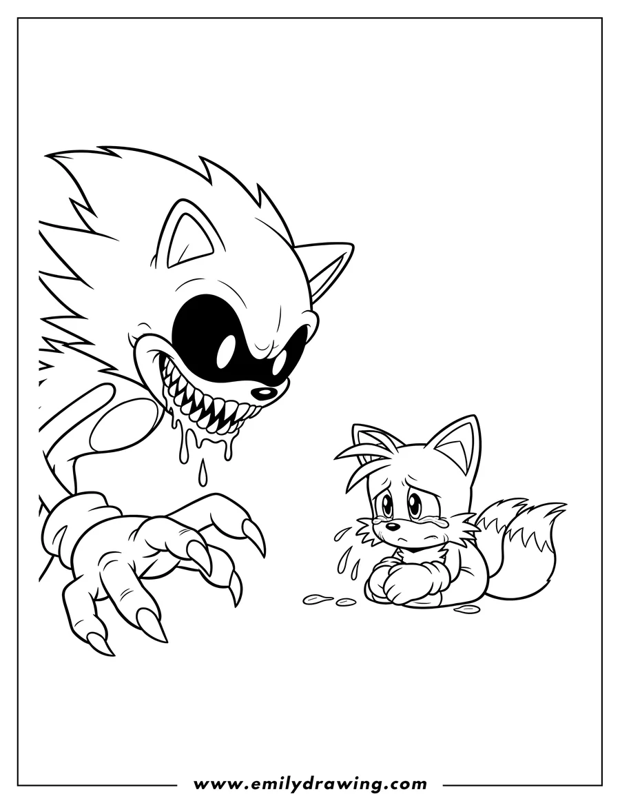 Free to print drawing of scary Sonic Exe with sharp teeth and drool, reaching for crying Tails with tears