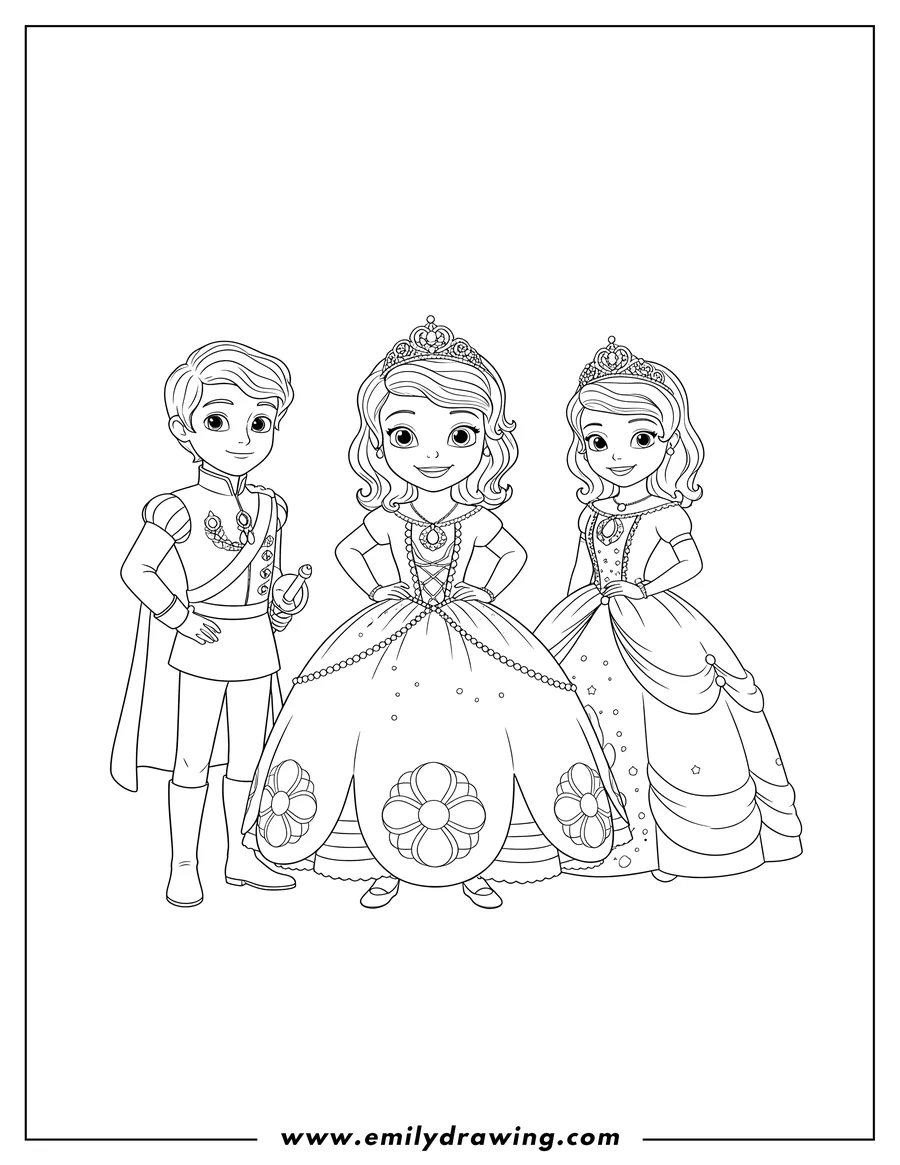 Clean line drawing: detailed Sofia the First, Princess Amber, and Prince James standing together and smiling