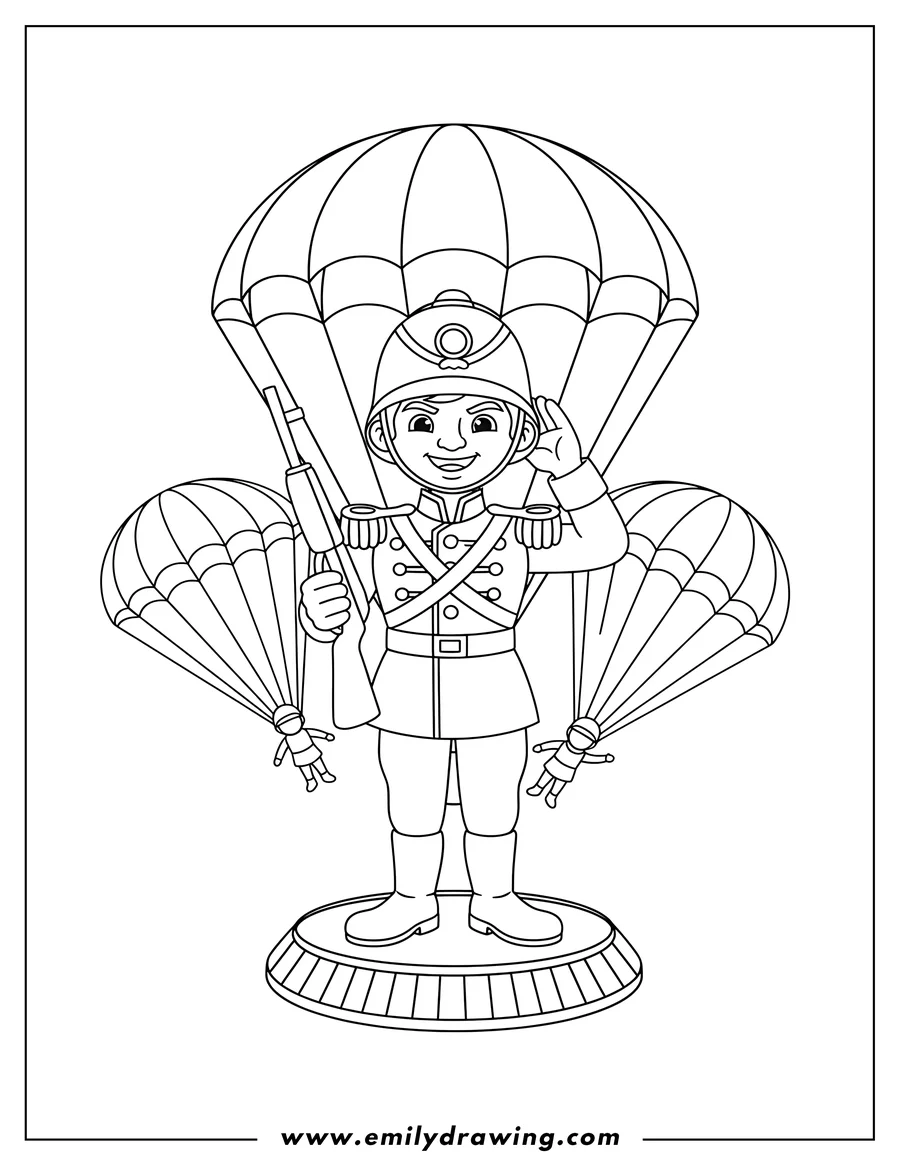 Full page coloring image of toy soldier holding a rifle, with a hand to his ear, standing on a base, and parachutes in the background