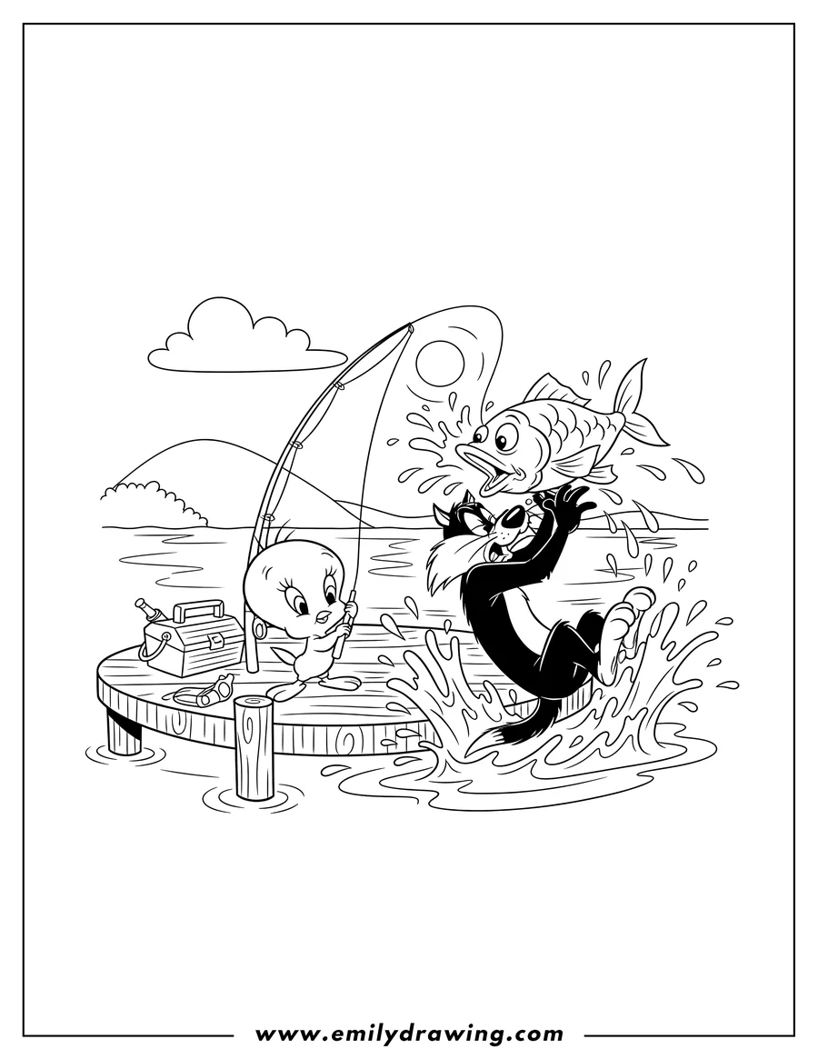 High quality printable tweety bird fishing and hitting Sylvester the cat in the face with a splashing fish for coloring