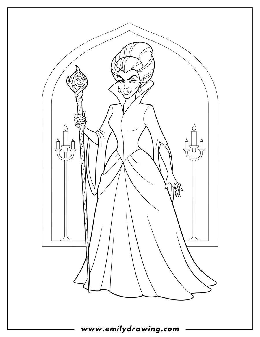 Coloring sheet featuring wicked Stepmother from Cinderella standing and holding a staff