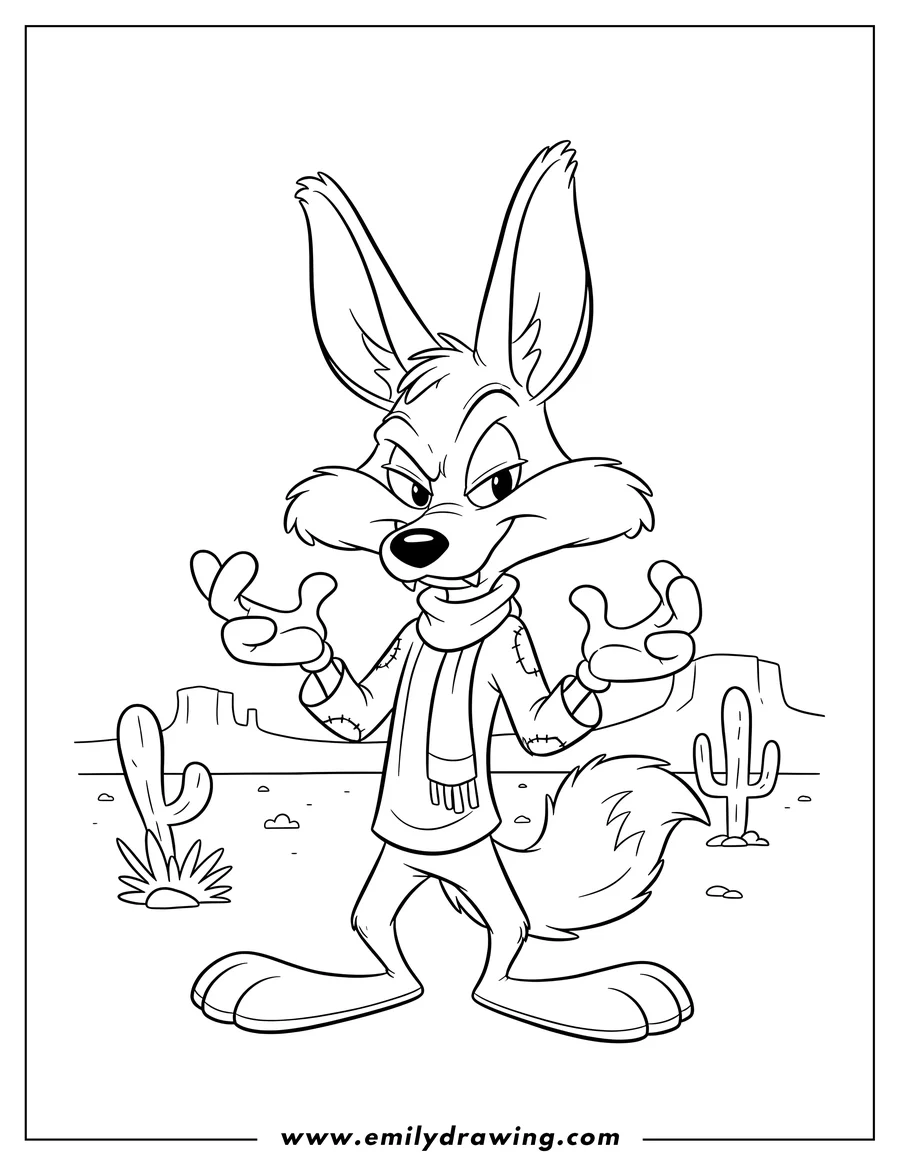 Clean line drawing: cute Wile E. Coyote from Looney Tunes standing with a mischievous expression and perked ears