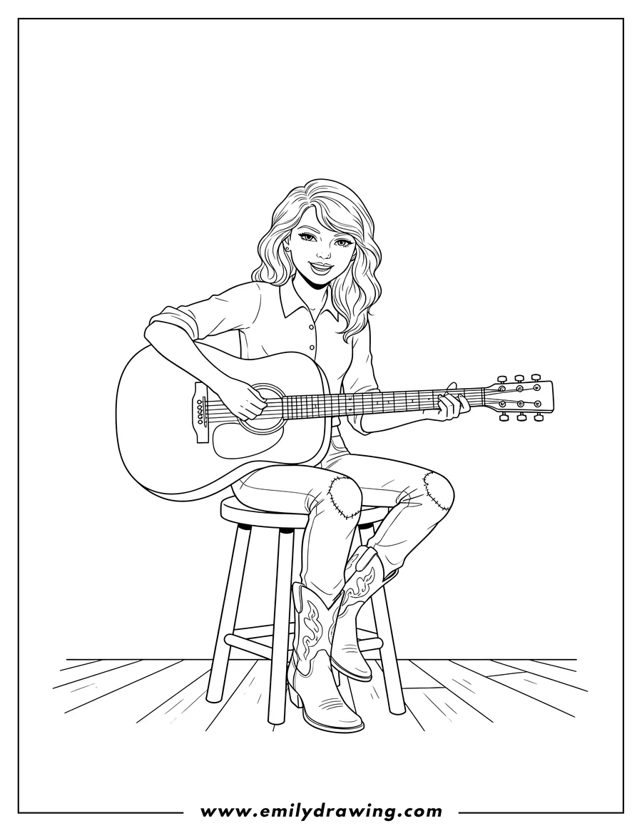 Clean line drawing: young Taylor Swift playing guitar while sitting