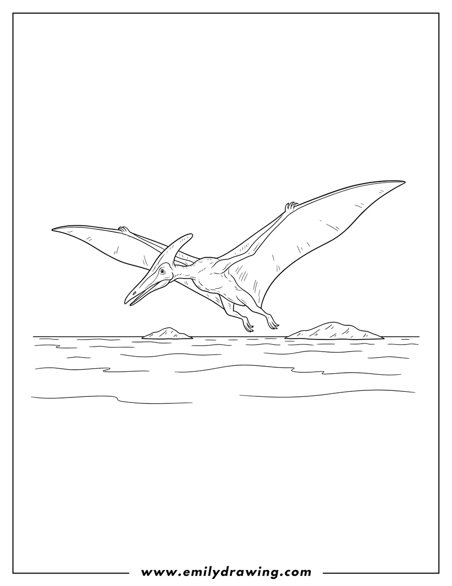 Free printable coloring sheet of realistic Pterodactyl flying over sea with wings spread and head pointing down