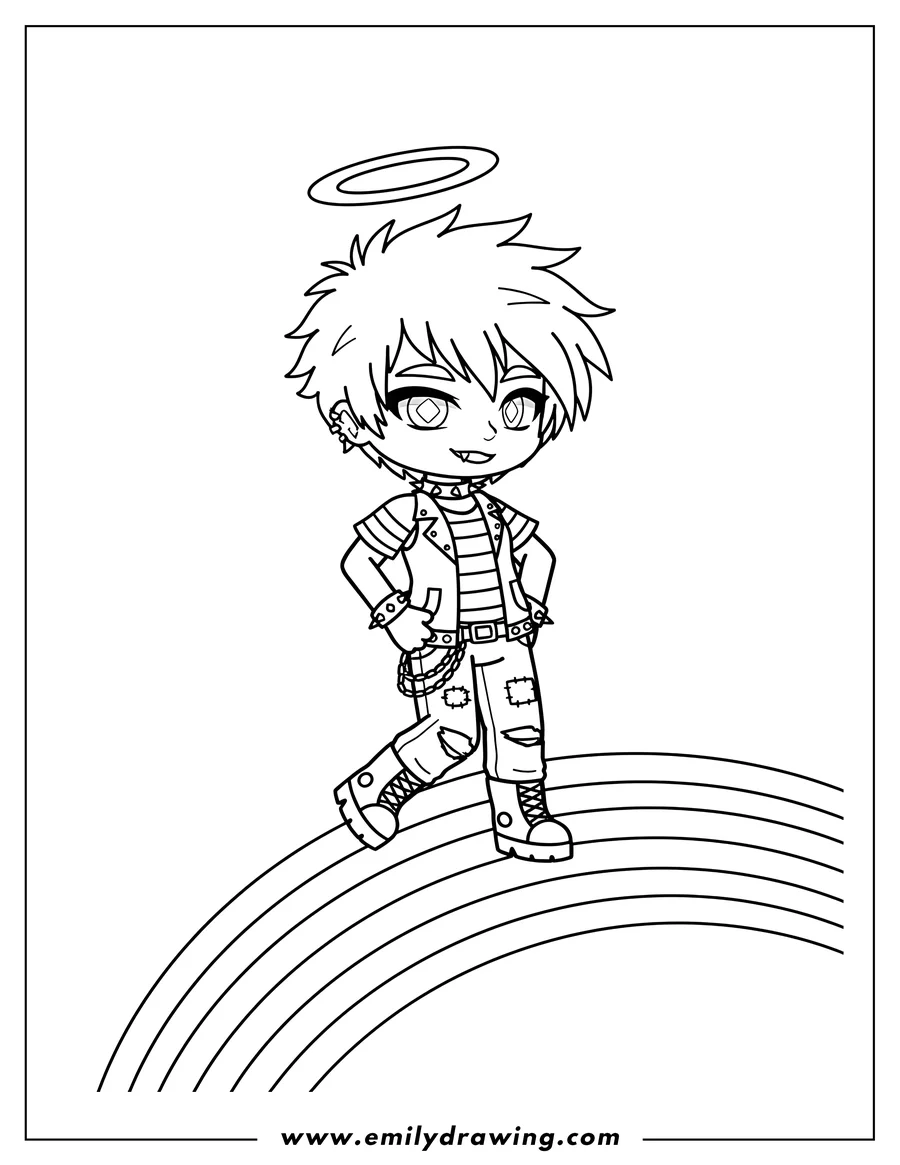 Outline drawing of punk Gacha Life Boy With Piercings And Halo, winking, with fangs, standing on a rainbow
