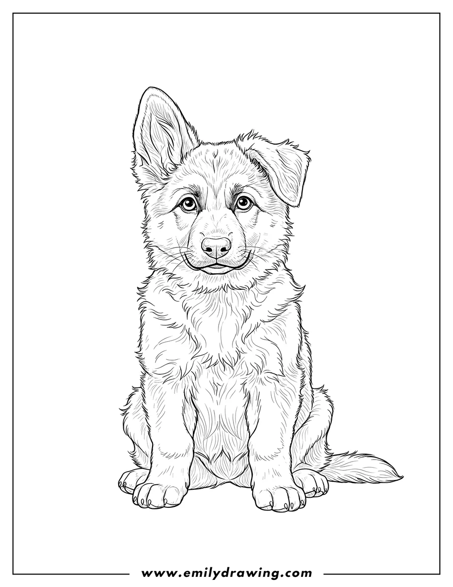 Free printable coloring sheet of realistic German Shepherd Puppy Sitting, looking forward with fluffy fur and one ear up
