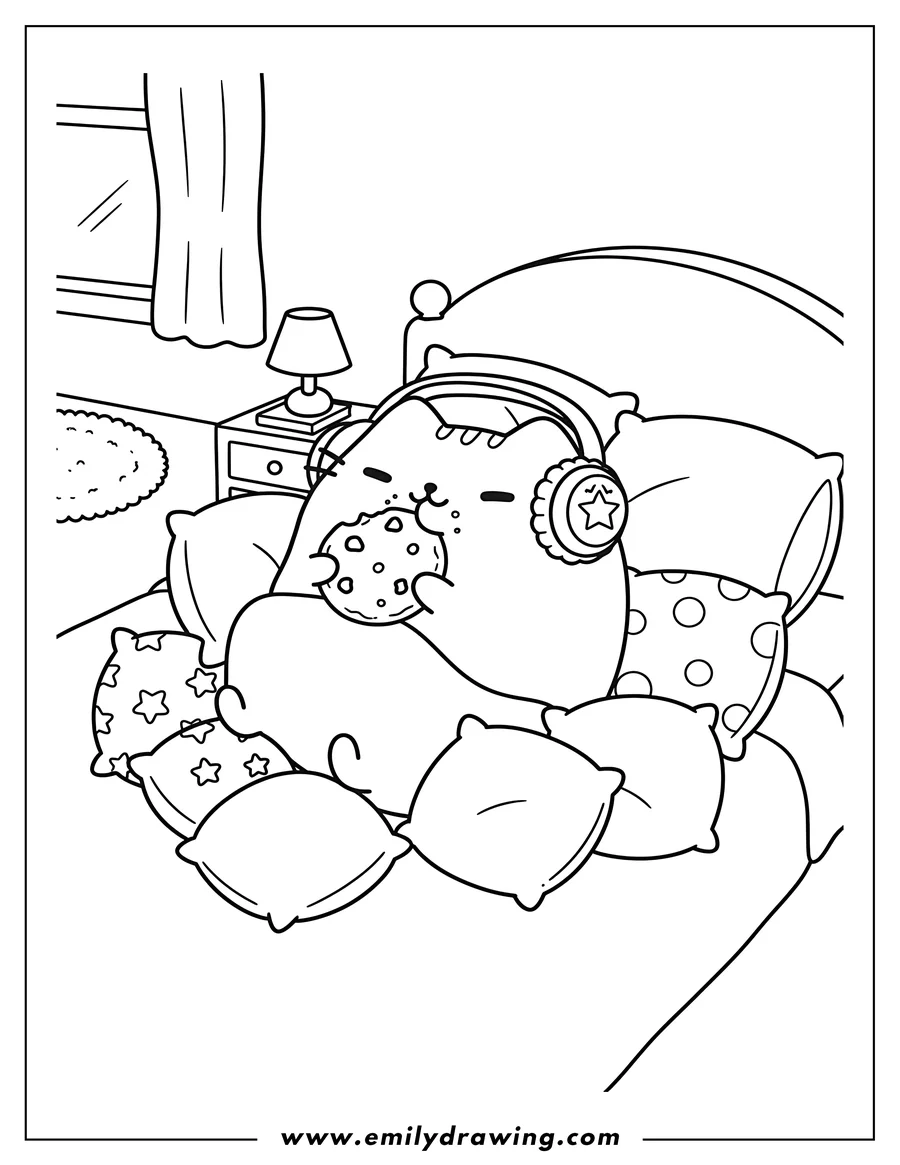 Free printable coloring sheet of pusheen eating cookies and listening to music with headphones, surrounded by pillows in a cozy bedroom