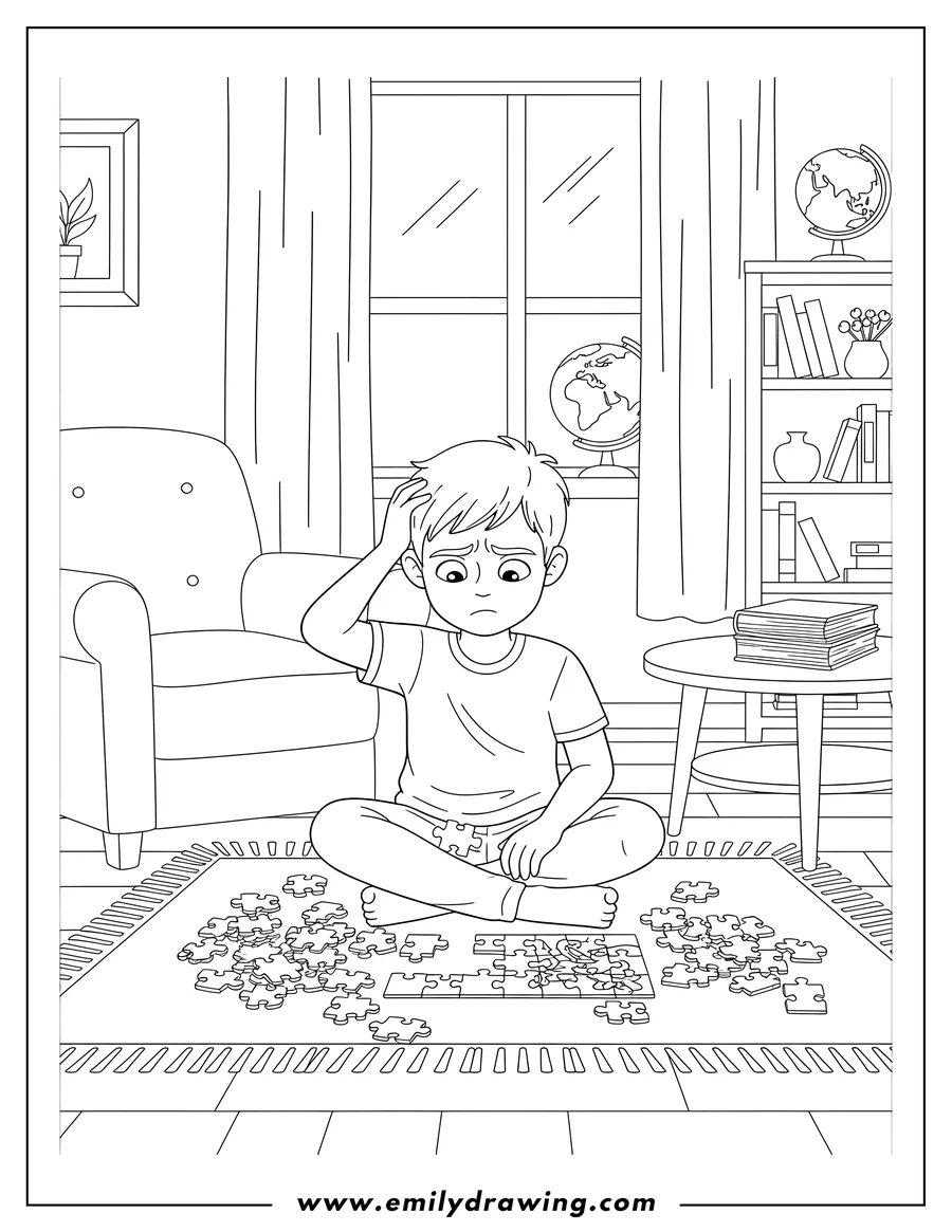 PDF style coloring page: puzzled Boy sitting cross-legged on the floor in a Living Room with scattered puzzle pieces