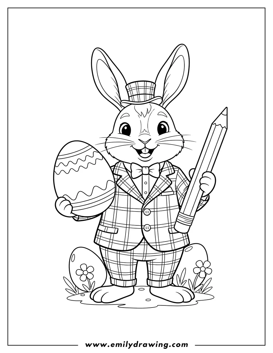 Full page coloring image of rabbit wearing a plaid suit, holding up an Easter egg and a pencil