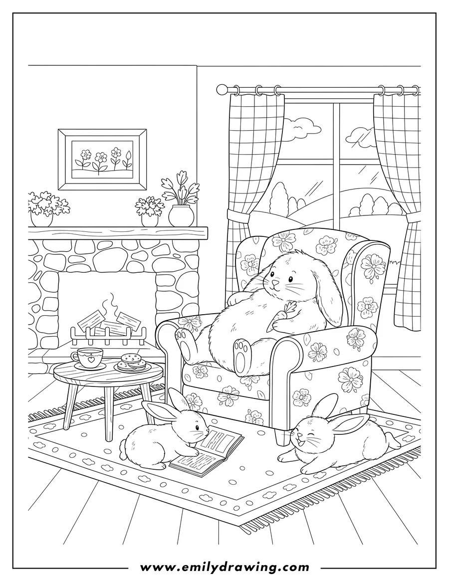 PDF style coloring page: rabbits lounging on a chair and on the floor in a cottagecore living room