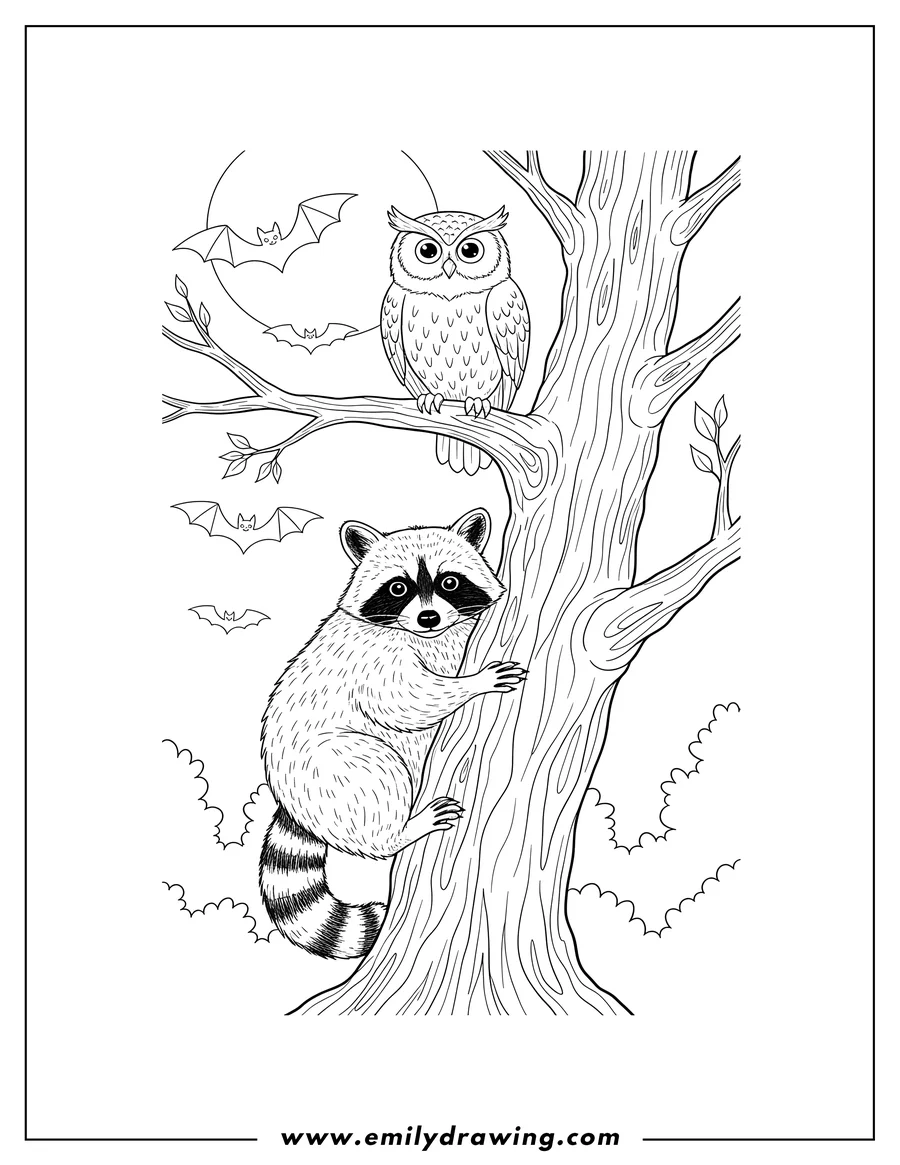 Coloring page for kids: realistic Raccoon clinging to a tree trunk, with an owl perched on a branch, and bats flying in the background