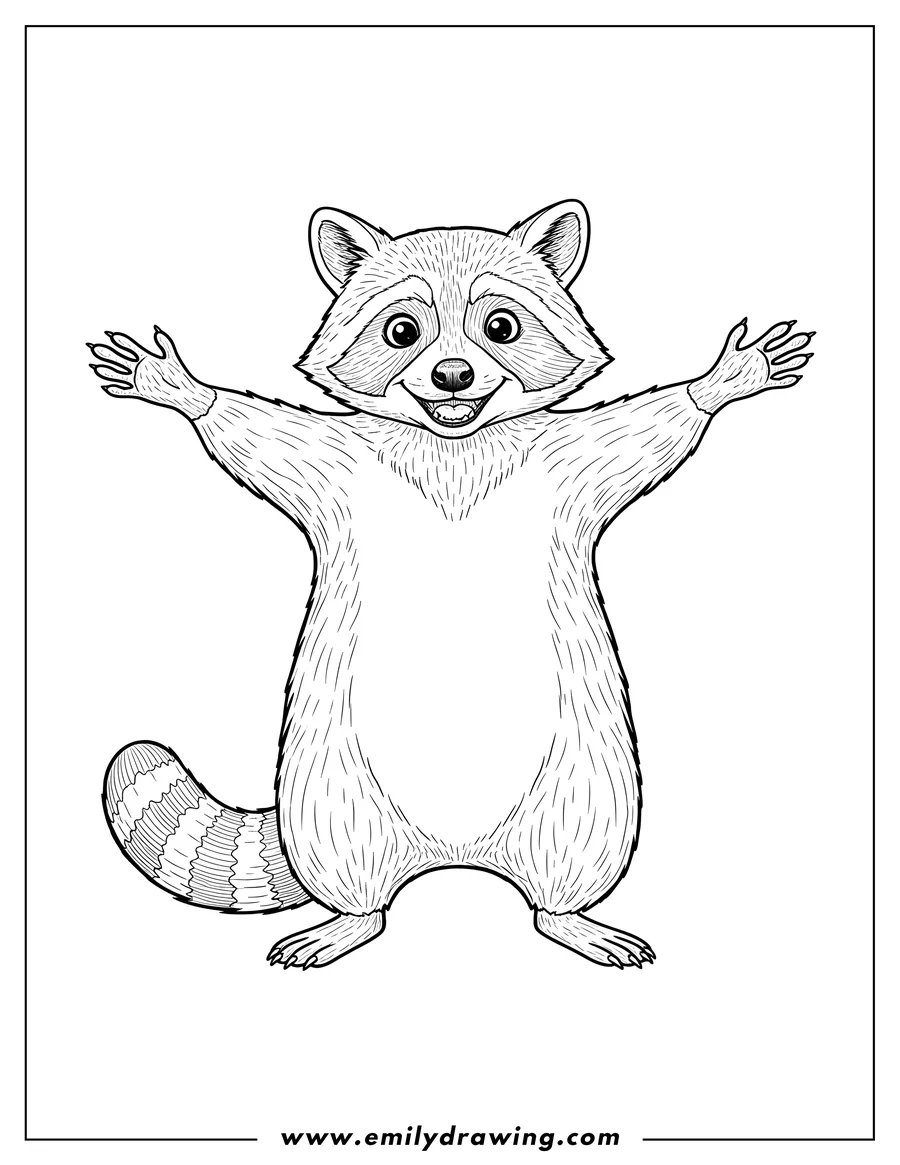 Black and white line art of realistic Racoon Standing with arms wide open and a smiling face