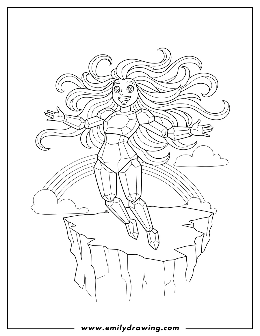 Black and white line art of rainbow Quartz Floating On Cliff, smiling, with flowing hair and arms posed