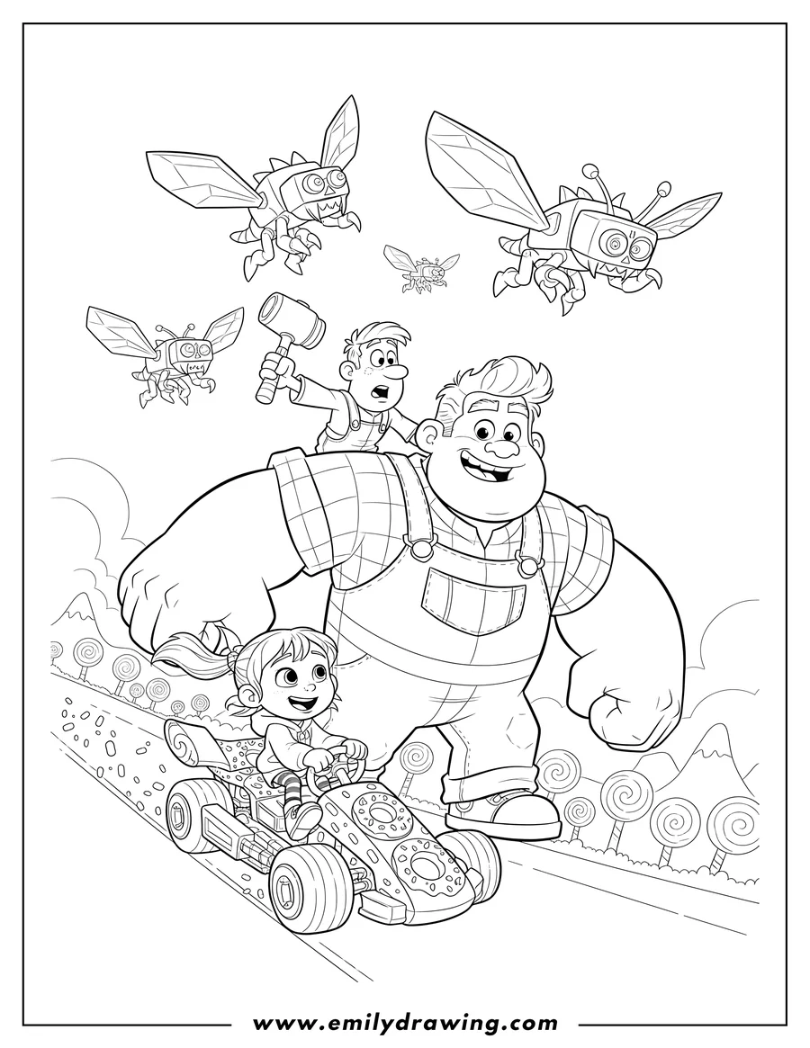 Simple sketch of wreck It Ralph carrying Fix-It Felix, with Vanellope riding a candy kart, escaping Cy Bugs flying above to color
