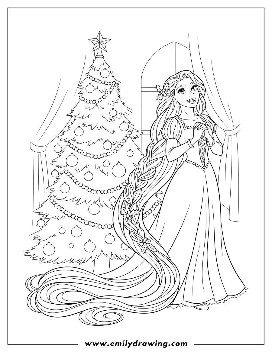 Coloring page of rapunzel standing beside a Christmas tree, looking up with hands clasped and holly in her hair