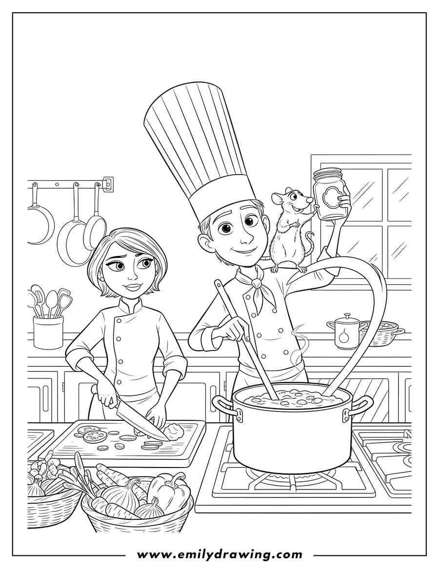 Printable line art of ratatouille, Alfredo, and Colette cooking, with Alfredo stirring a pot and Remy holding a jar