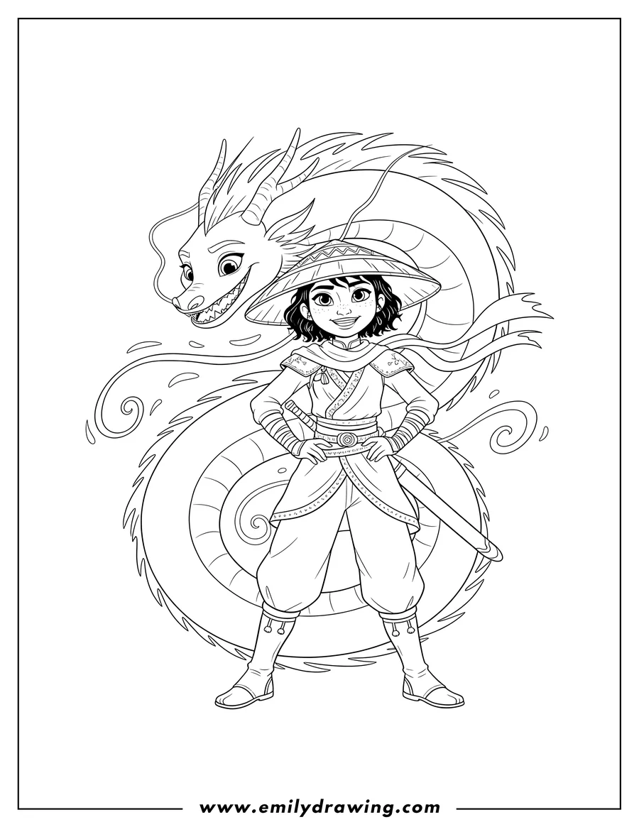Coloring page of raya and Sisu the Last Dragon together, Raya wearing her hat