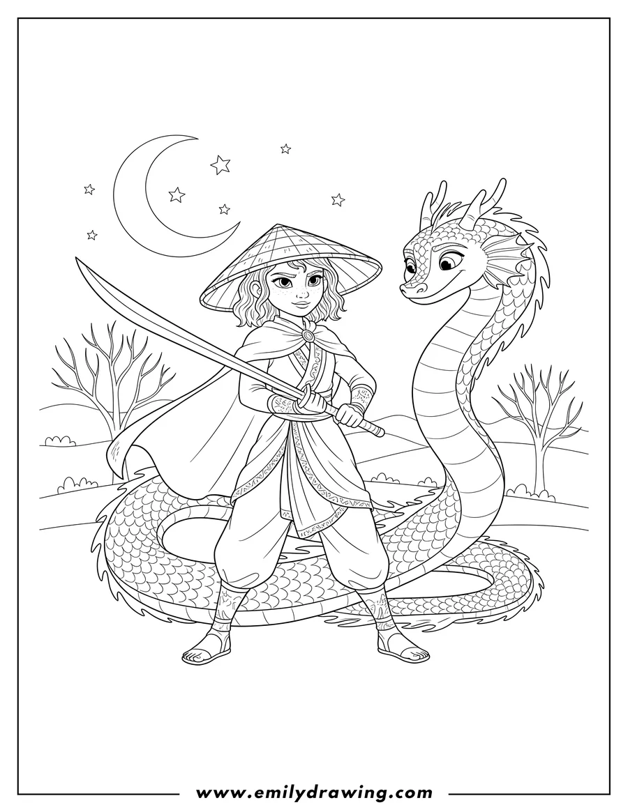 Coloring page of raya holding a sword and wearing a hat, with Sisu