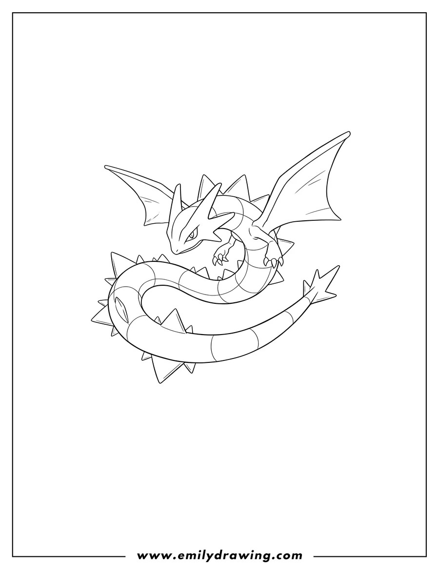 Outline drawing of rayquaza Flying Legendary Pokemon with coiled serpentine body