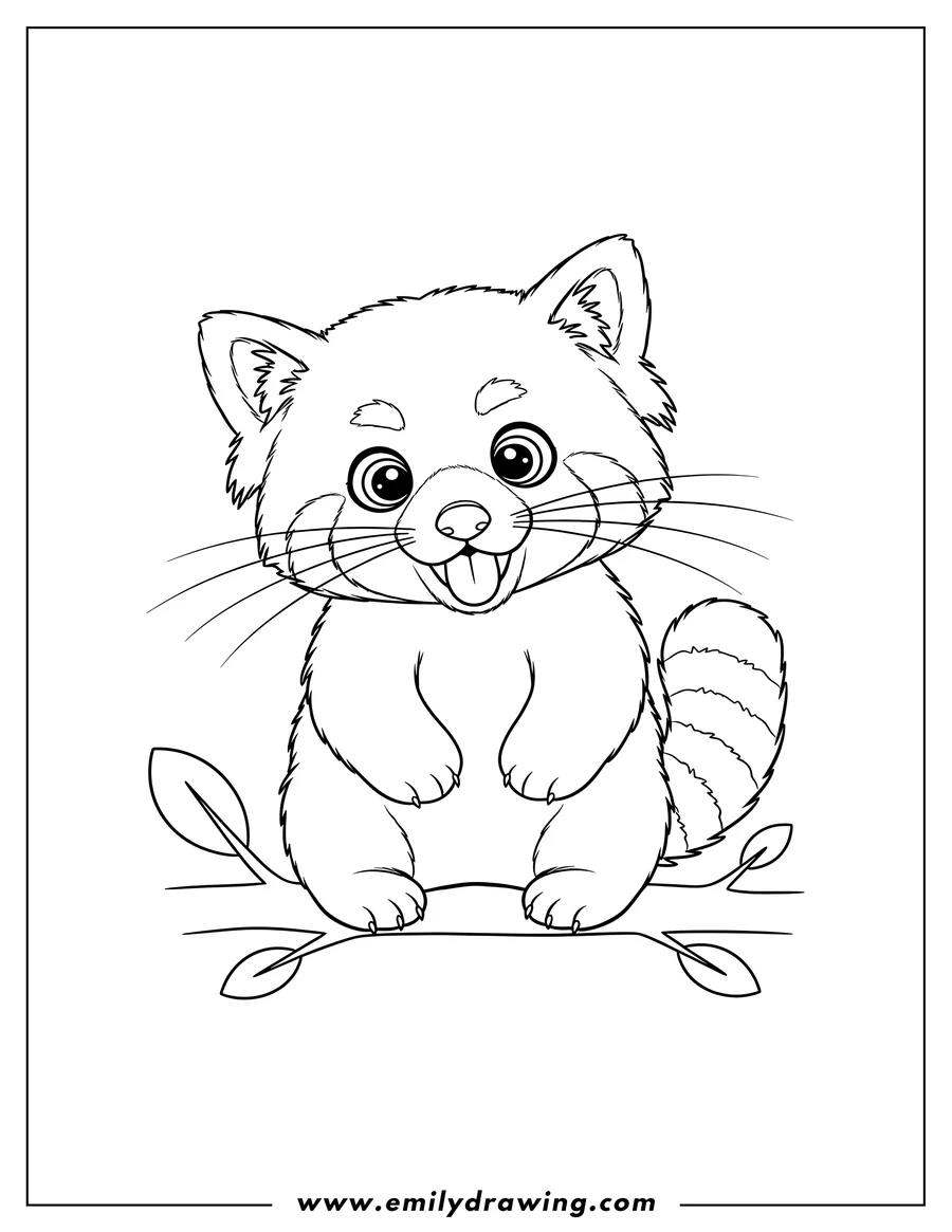 Simple sketch of red Panda Poking Its Tongue Out, with big eyes and whiskers to color